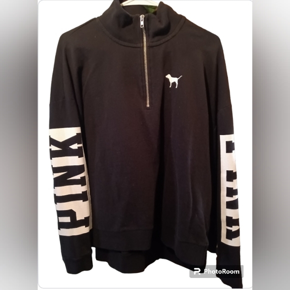 PINK Victoria's Secret Tops - PINK VS Quarter Zip Up Sweatshirt Black & White w/ Dog Logo